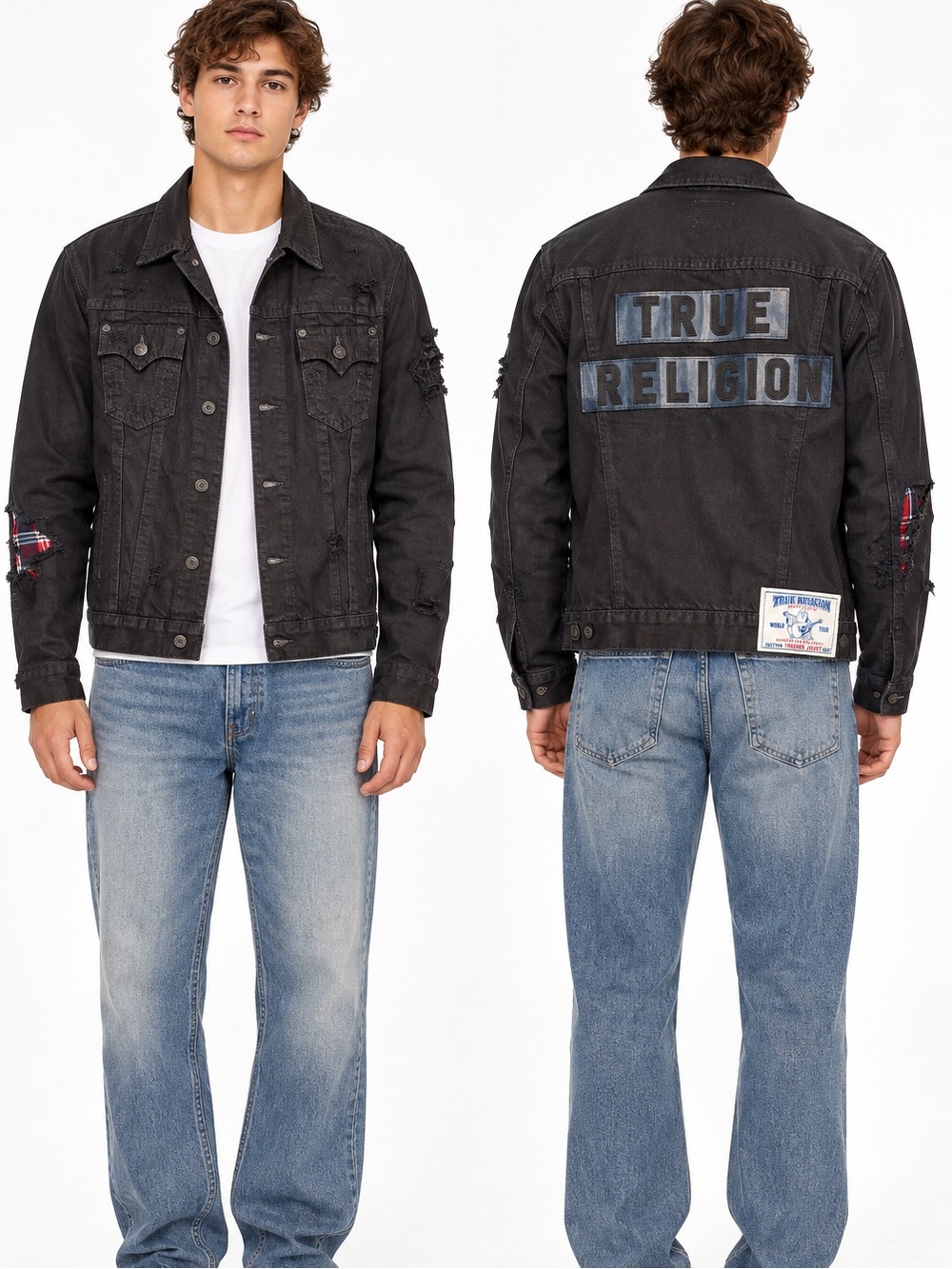 True Religion Black Distressed Denim Jacket with Back Logo